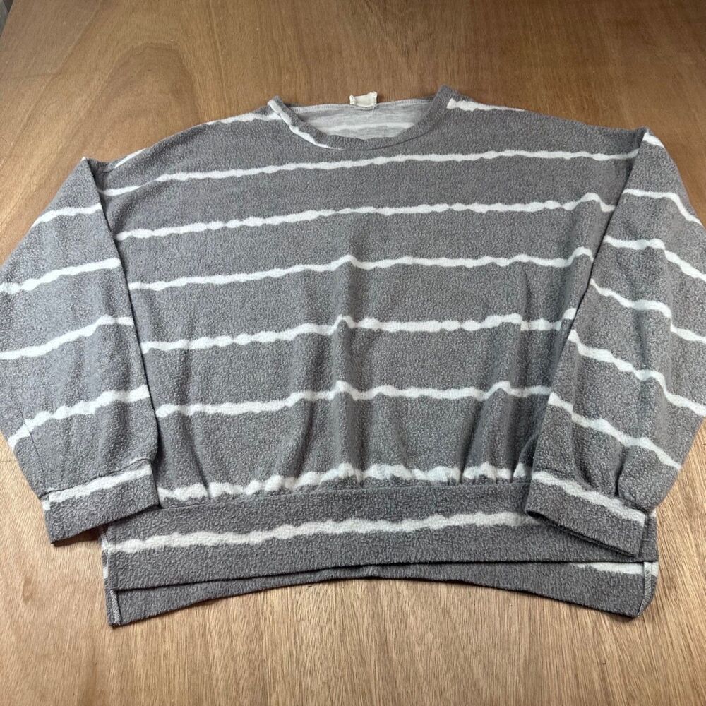 Fantastic Fawn Gray Striped Fleece Pullover Sweatshirt Womens Oversized Size XL